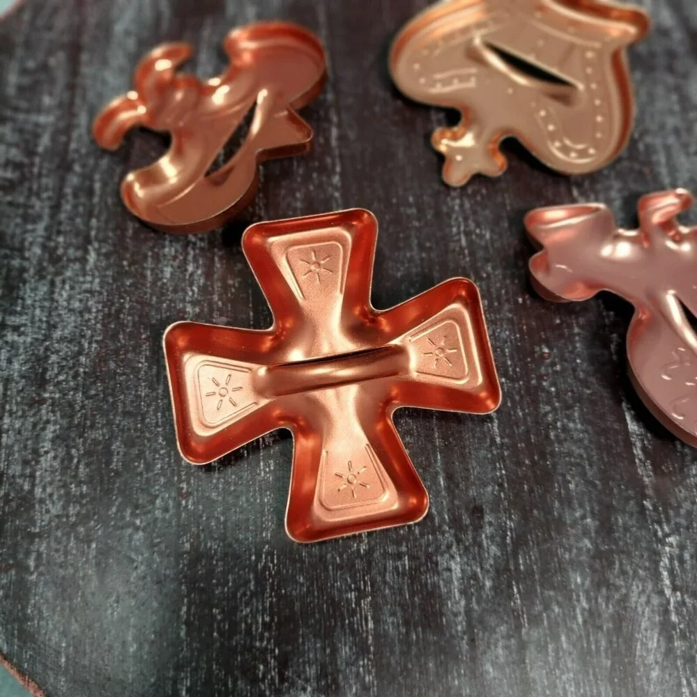 Vintage Lot of 4 Copper Colored Metal Cookie Cutters - Crown Cross  Fluer De Lis
